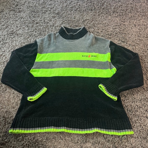 Y2K Rocawear Men's XL Mock Neck Pullover Sweater Gray Green Black Retro Knit - Picture 1 of 6